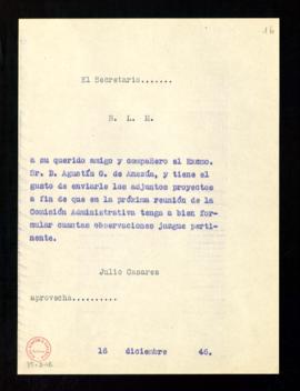 Copia del besalamano del secretario a Agustín G. de Amezúa de remisión de unos proyectos con el p...