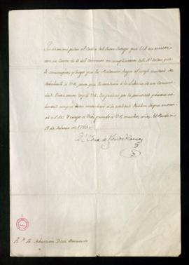 Carta del conde de Floridablanca a Sebastián Díaz Bernardo de acuse de recibo del códice del Fuer...