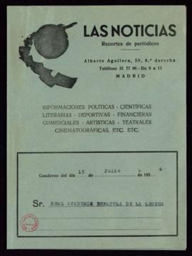 Cuaderno del día 15 de julio de 1954 de Las Noticias. Recortes de periódicos