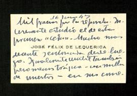 Tarjeta de José Félix de Lequerica con la que agradece a Melchor Fernández Almagro el envío de su...