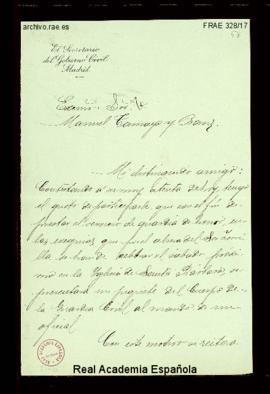 Carta de Arturo de Madrid-Dávila y Pinilla, secretario del gobierno civil de Madrid, a Manuel Tam...