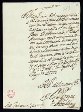 Carta del marqués de Almodóvar a Vincencio Squarzafigo de agradecimiento por el envío del segundo...