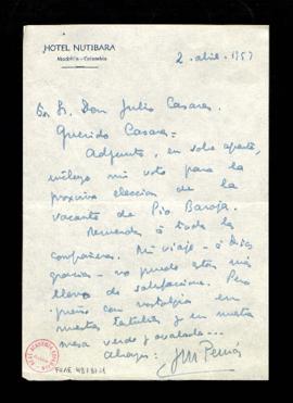 Carta de José María Pemán a Julio Casares a la que adjunta, en sobre aparte, su voto para la elec...