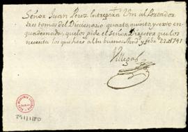 Orden de Manuel de Villegas a Juan Pérez para que entregue al portador tres ejemplares de los tom...