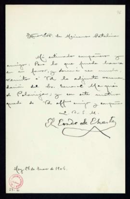 Carta del conde de Cheste al secretario, Mariano Catalina, con la que remite una recomendación de...
