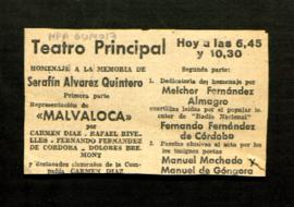 Recorte con la noticia del homenaje a la memoria de Serafín Álvarez Quintero en el Teatro Principal