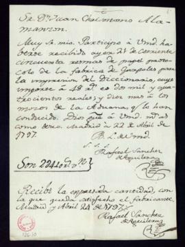 Carta de Rafael Sánchez de Aguilera a Juan Crisóstomo Alamanzón sobre la recepción de 50 resmas d...
