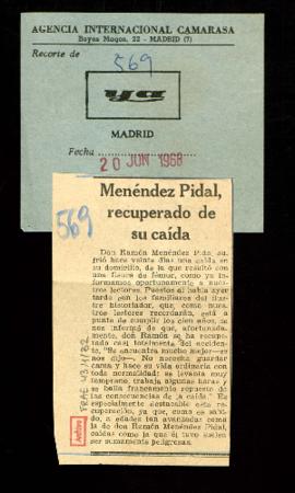 Recorte del diario Ya con la noticia Menéndez Pidal, recuperado de su caída