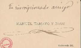 Tarjeta de visita de Manuel Tamayo y Baus en la que se excusa de no poder comer con Pedro Antonio...