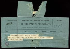 Telegrama de pésame de [Antonio] Alcalá Venceslada al secretario [Julio Casares] por el fallecimi...