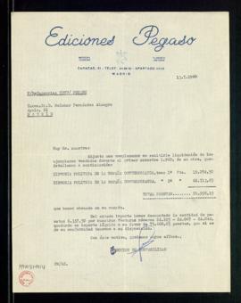 Carta de Ediciones Pegaso con la liquidación de Historia política de la España contemporánea, tom...