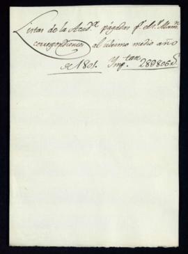 Carpetilla rotulada Listas del último medio año de 1801 pagadas por el señor Alamanzón