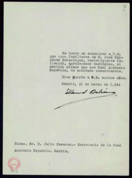 Carta de Manuel Balcázar al secretario Julio Casares en la que le agradece el pésame recibido por...