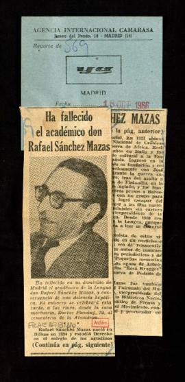 Recorte con la noticia Ha fallecido el académico Rafael Sánchez Mazas