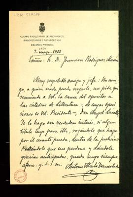 Carta de Antonio Alcalá Venceslada a Francisco Rodríguez Marín en la que le recomienda a Ángel La...