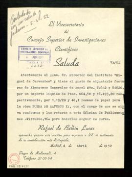 Saluda de Rafael de Balbín Lucas a Julio Casares que acompaña facturas de Almacenes Generales de ...