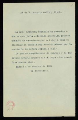 Minuta de la carta de Emilio Cotarelo a Antonio Rubió y Lluch en la que le indica que la tirada q...