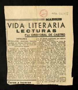 Recorte del diario Madrid con una reseña de Cristóbal de Castro de Jovellanos: Antología