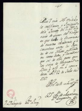 Carta de Agustín de Montiano y Luyando a Leopoldo Jerónimo Puig en la que acusa el recibo de la c...