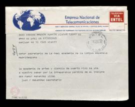 Telegrama de Juan R. Meléndez, secretario de la Academia de Artes y Ciencia de Puerto Rico, al se...