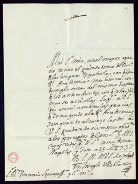 Carta de José Bolaños a Vincencio Squarzafigo de agradecimiento por el envío del quinto tomo del ...