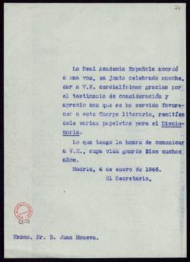 Copia sin firma del oficio del secretario [Julio Casares] a Juan Moneva de traslado del agradecim...