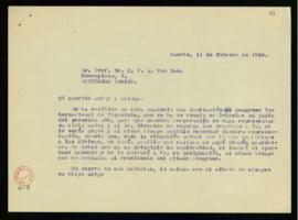 Minuta de la carta de Julio Casares a C. F. Adolf van Dam en la que le pregunta si podría represe...