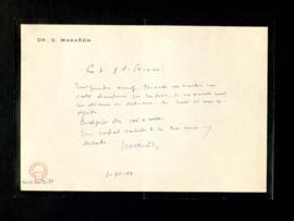 Carta de Gregorio Marañón a Julio Casares para trasmitirle que Terradas le anticipó que tendría s...