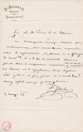 Carta de Francisco Silvela a Pedro [Antonio] de Alarcón en la que le cita para continuar sus conv...