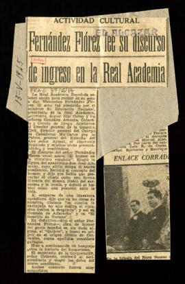 Recorte de prensa de El Alcázar con la noticia titulada Fernández Flórez lee su discurso de ingre...
