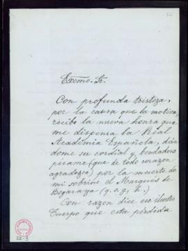 Carta del marqués de Valmar al secretario [Mariano Catalina] de agradecimiento a la Academia por ...
