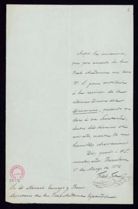Carta de Fidel Fita al secretario, Manuel Tamayo y Baus, en la que acepta la invitación para cont...