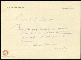 Carta de Gregorio Marañón a Julio Casares en la que le dice que no encuentra nada que corregir en...