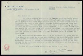 Carta de Manuel Sanchis Guarner a Julio Casares con la que le remite algunos artículos de divulga...