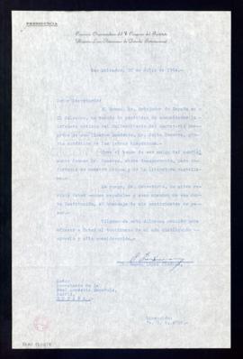 Carta de Ramón López Jiménez, presidente de la comisión organizadora del V Congreso del Instituto...