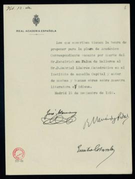 Propuesta de Gabriel Llabrés como académico correspondiente en Palma de Mallorca en la vacante po...