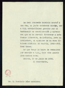 Minuta del oficio del secretario a Porfirio Díaz Machicao de traslado del agradecimiento de la ju...