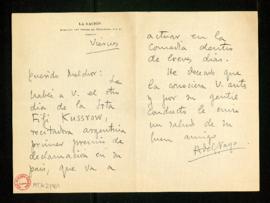 Carta de Julio Álvarez del Vayo a Melchor Fernández Almagro en la que le presenta a Fifi Kussrow,...