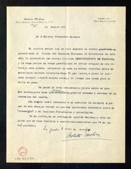 Carta de Roberto Molina a Melchor Fernández Almagro en la que le informa de que ha presentado su ...