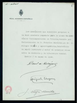 Propuesta de Eulogio Serdán como académico correspondiente en Vitoria en la vacante por fallecimi...