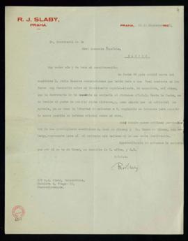 Carta de Rodolfo J. Slabý al secretario en la que le pregunta por el dictamen oficial de la Acade...