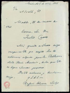 Carta de Rafael Álvarez Sereix a Julio Casares con la que envía unos ejemplares para la biblioteca
