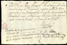Orden de Manuel de Villegas a Juan Pérez para que entregue al criado del secretario un juego del ...