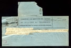 Telegrama de José María Pemán a Julio Casares en el que le comunica que su madre falleció esa tarde