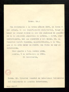 Copia del oficio de Julio Casares al director general de Relaciones Culturales del Ministerio de ...