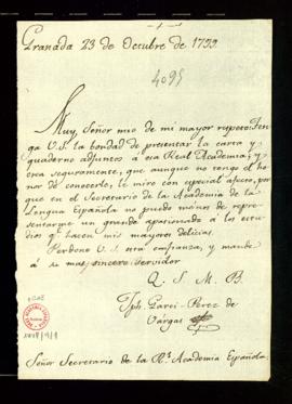 Carta de José Garci-Pérez de Vargas al secretario [Manuel de Lardizábal] con la que le remite otr...