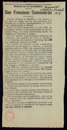 Recorte de prensa del diario El Imparcial con el título Muerte de un académico. Don Francisco Com...