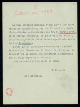 Copia del oficio del secretario a Carlos Bratli sobre su elección como académico correspondiente ...