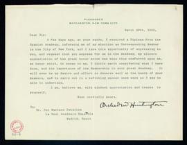 Carta de Archer M. Huntington a Mariano Catalina en la que expresa su agradecimiento a la Academi...