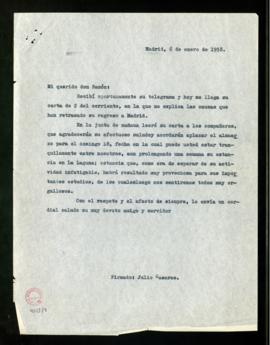 Copia sin firma de la carta de Julio Casares a Ramón Menéndez Pidal en la que le asegura que en l...